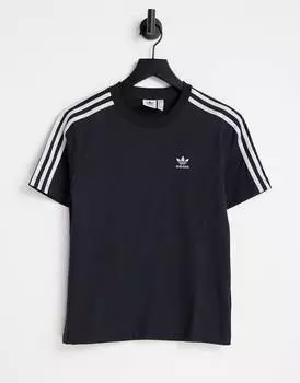 Черная блестящая футболка с 3 полосками adidas Originals