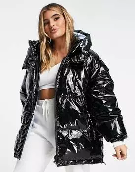 Черная блестящая пуховая куртка с капюшоном ASOS DESIGN - BLACK