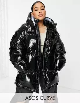 Черная блестящая пуховая куртка с капюшоном ASOS DESIGN Curve