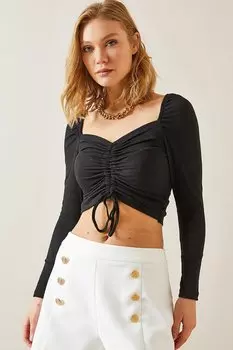 Черная блуза-бретелька с рукавами арбуза и сборками 4KXK2-47690-02 XHAN