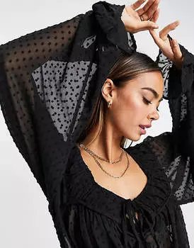 Черная блузка добби с объемными рукавами и завязкой спереди ASOS DESIGN