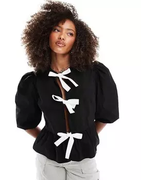 Черная блузка из поплина ASOS DESIGN с контрастными контрастными бантами спереди