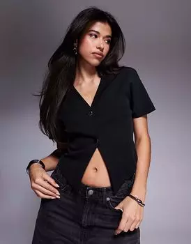 Черная блузка с короткими рукавами и пуговицами от ASOS DESIGN