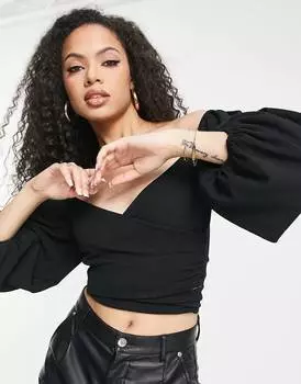 Черная блузка с объемными рукавами и открытыми плечами и галстуком ASOS DESIGN