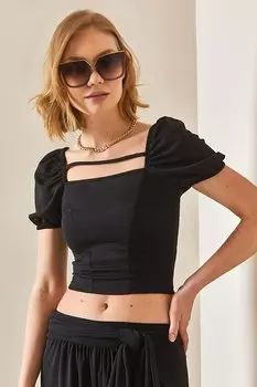 Черная блузка с рукавами арбуза и окантовкой 3YXK2-47084-02 XHAN