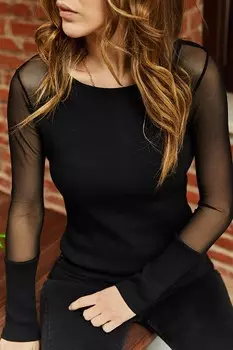 Черная блузка с рукавами из тюля 9KXK2-43098-02 XHAN