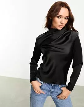 Черная блузка с высоким воротником и подплечниками ASOS DESIGN