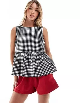Черная блузка в мелкую клетку с завязками по бокам ASOS DESIGN