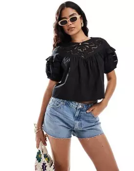 Черная блузка викторианского цвета из поплина с ажурным вырезом Miss Selfridge