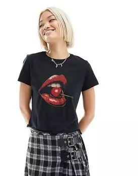 Черная детская футболка с изображением вишневых губ ASOS DESIGN