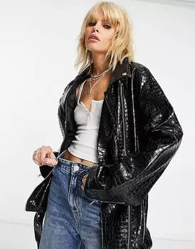 Черная длинная байкерская куртка из искусственной кожи под крокодила ASOS DESIGN