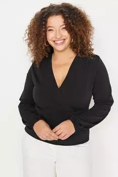 Черная двубортная вязаная блузка с рукавами-фонариками Trendyol, черный