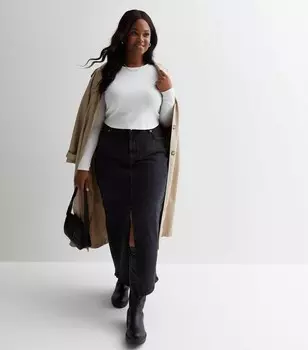 Черная джинсовая длинная юбка с разрезом на подоле Curves New Look, черный