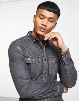 Черная джинсовая рубашка скинни с прорезями ASOS DESIGN