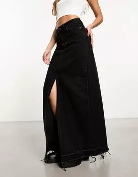 Черная джинсовая юбка макси с двойным разрезом ASOS DESIGN