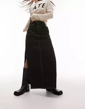 Черная джинсовая юбка-макси с разрезом по бокам Topshop