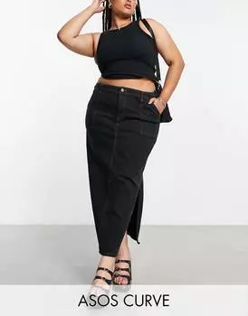 Черная джинсовая юбка миди карго ASOS DESIGN Curve
