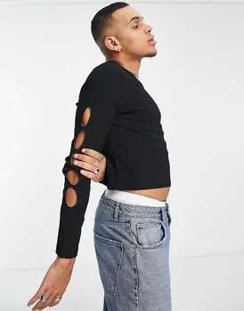 Черная фактурная футболка с длинными рукавами и вырезами на рукавах ASOS DESIGN