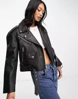 Черная фактурная косуха из натуральной кожи премиум-класса ASOS