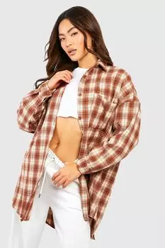 Черная фланелевая рубашка оверсайз Boohoo, коричневый