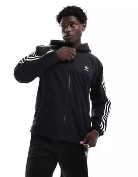 Черная флисовая куртка с капюшоном и тремя полосками adidas Originals Adicolor