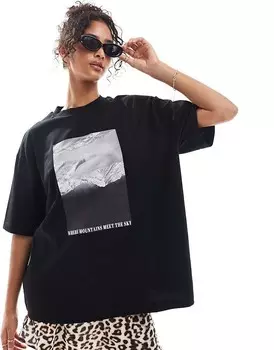 Черная футболка бойфренда с изображением горы и неба ASOS DESIGN