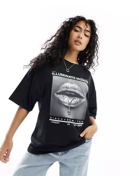 Черная футболка бойфренда с серебряным принтом в виде губ ASOS DESIGN