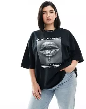 Черная футболка бойфренда с серебряным рисунком губ ASOS DESIGN Curve