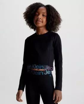 Черная футболка для девочек с длинным рукавом Calvin Klein, черный