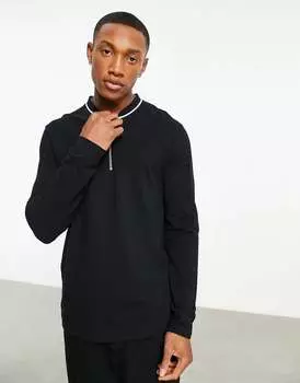Черная футболка из пике с длинными рукавами и молнией ASOS