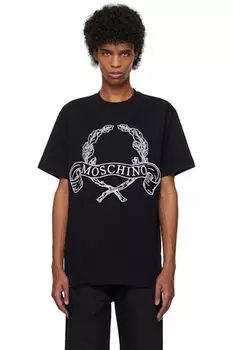 Черная футболка макси с вышивкой «Лавровая корона» Moschino