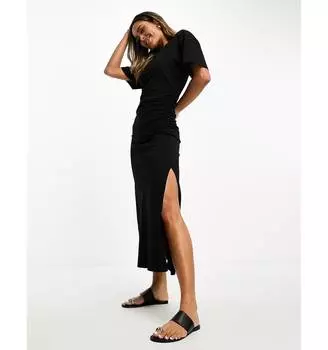 Черная футболка миди с рюшами на шее ASOS DESIGN