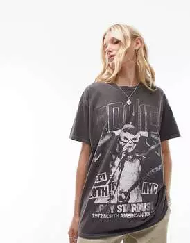 Черная футболка оверсайз Bowie из фольги с лицензионным рисунком Topshop