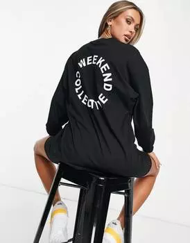 Черная футболка оверсайз с длинными рукавами и логотипом на спине ASOS Weekend Collective