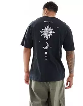 Черная футболка оверсайз с принтом солнца и луны на спине Jack & Jones