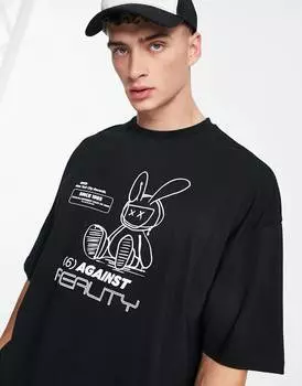 Черная футболка оверсайз с принтом в стиле гранж и кроликом спереди ASOS DESIGN