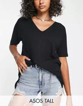 Черная футболка оверсайз с v-образным вырезом в рубчик ASOS DESIGN Tall
