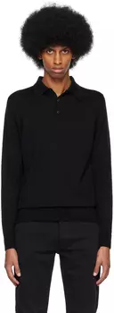 Черная футболка-поло с длинным рукавом и тремя пуговицами Sunspel