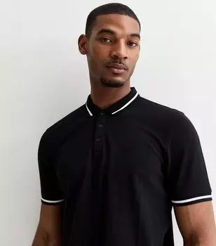 Черная футболка-поло стандартного кроя с контрастной окантовкой New Look, черный