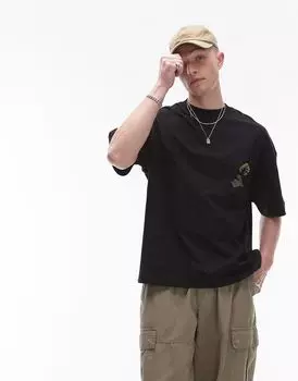 Черная футболка премиум-класса Topman с прижатым цветком спереди и сзади