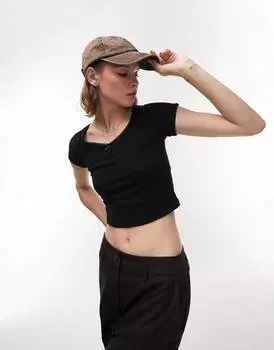 Черная футболка с бантом и кружевной отделкой Topshop