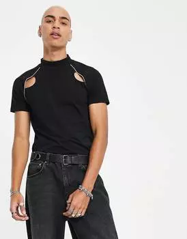 Черная футболка с черепахой с вырезами и окантовкой ASOS DESIGN