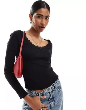 Черная футболка с длинными рукавами и кружевной отделкой ASOS DESIGN