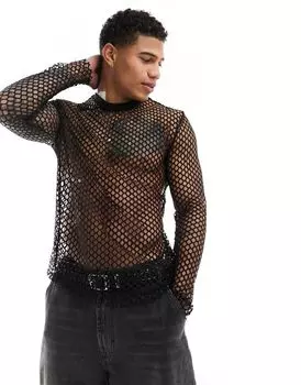 Черная футболка с длинными рукавами из открытой сетки ASOS DESIGN
