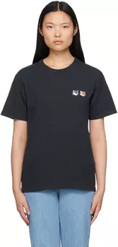 Черная футболка с изображением двойной головы лисы Maison Kitsune