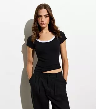 Черная футболка с коротким рукавом с овальным вырезом New Look, черный