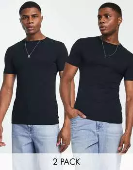 Футболка мужская ASOS DESIGN с круглым вырезом облегающая 2 пары, черный