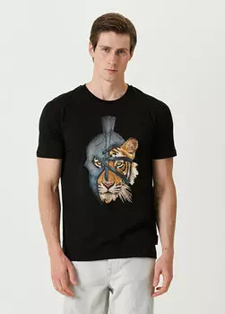 Черная футболка с круглым вырезом с принтом льва Bernotti 79