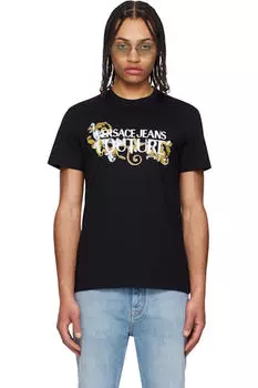 Черная футболка с логотипом в стиле барокко Versace Jeans Couture