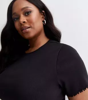 Черная футболка с оборками в рубчик Curves New Look, черный